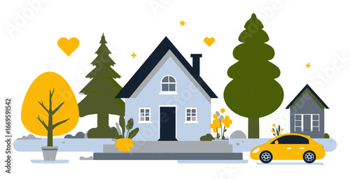 Colorful Cartoon Flat Illustration of a House with Trees and a Car