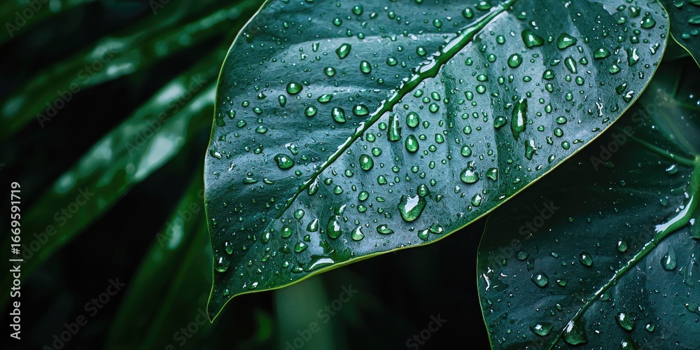 Fototapeta premium Rainy leaf texture with moisture droplets against a moody jungle background Stock photo