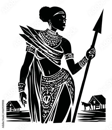 Intricate Hand-Drawn Silhouette of a Warrior Woman with a Spear