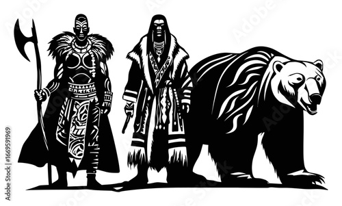 Hand-Drawn Illustration of Warriors and Bear in Black and White Style