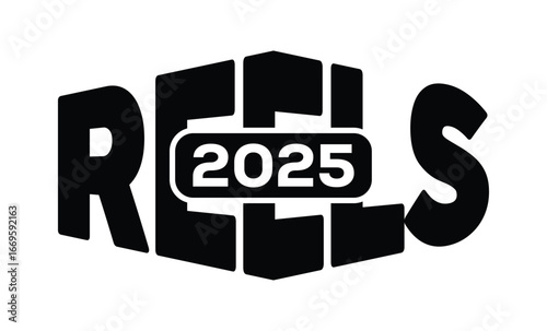 Minimalist black and white graphic design featuring bold "REELS 2025" text in sans-serif font with layered 3D effect. Modern, clean, and impactful style on a pure white background.