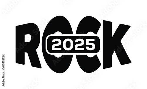 Minimalist black and white graphic design featuring bold "ROCK 2025" text in sans-serif font with layered 3D effect. Modern, clean, and impactful style on a pure white background.