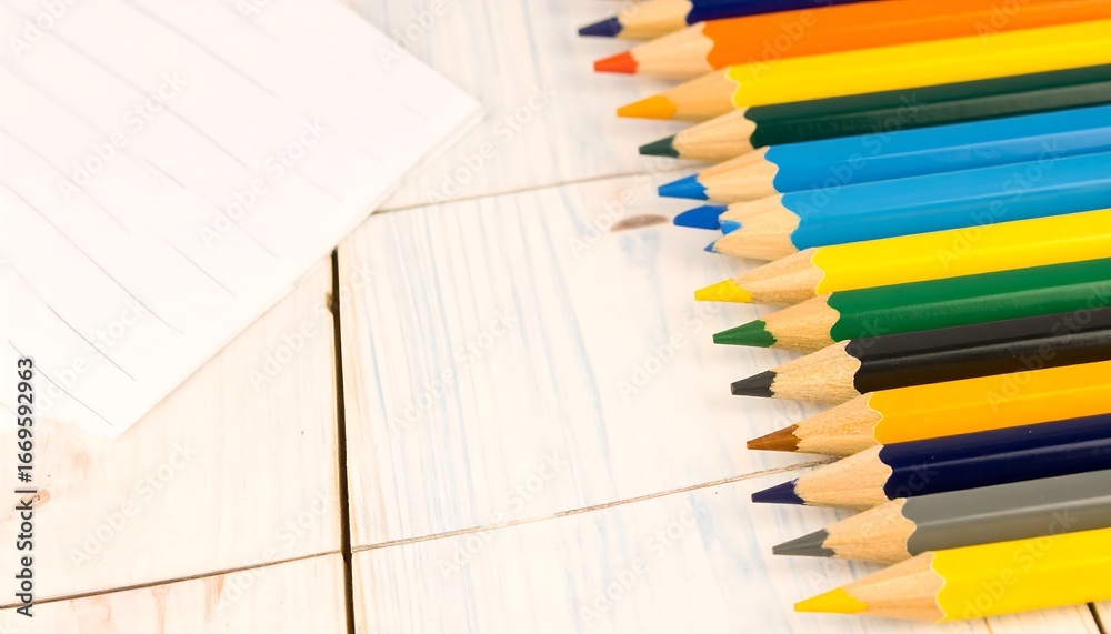 Obraz premium Colorful pencils arranged in a row on a light wooden surface with a sheet of lined paper nearby.