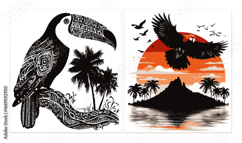 Detailed Abstract Illustration of Tropical Birds and Sunset Landscape
