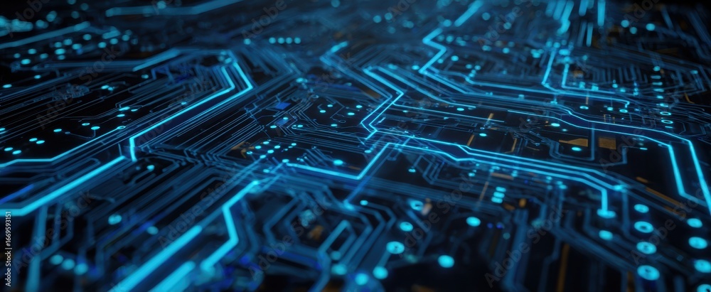 Obraz premium The Circuit Board With Glowing Blue Traces And Futuristic Electronic Network Closeup