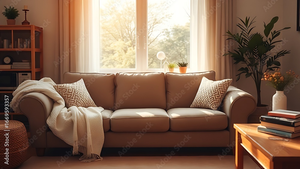 Fototapeta premium Comfortable sofa in a warm living room setting, bathed in soft afternoon light from a nearby window.