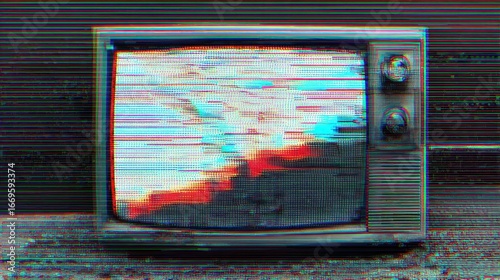 Distorted vintage TV displays glitchy static with vibrant red hues, atop weathered surface, exuding retro vibes