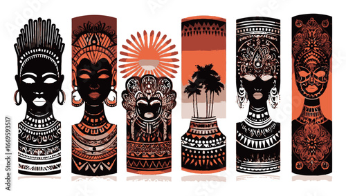 Vibrant Abstract Illustration of Diverse Cultural Masks and Designs