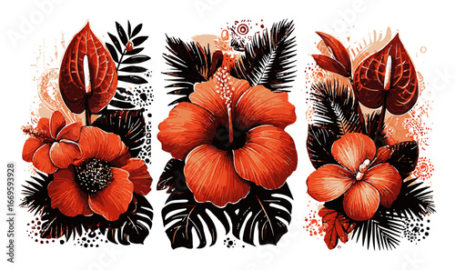 Vibrant Red Floral Illustration with Abstract Elements and Tropical Influence