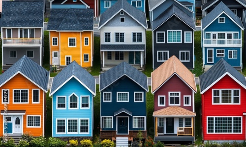 Concept of the housing market, represented through a collage of various houses. The image underscores the diversity and vibrancy within the real estate sector, showcasing, Generative AI