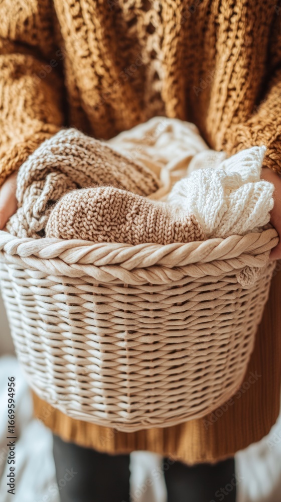 Obraz premium A person holding a laundry basket filled with neatly folded clothes, warm and inviting colors, clean and professional composition, copy space, natural color, minimalism, stock photography 