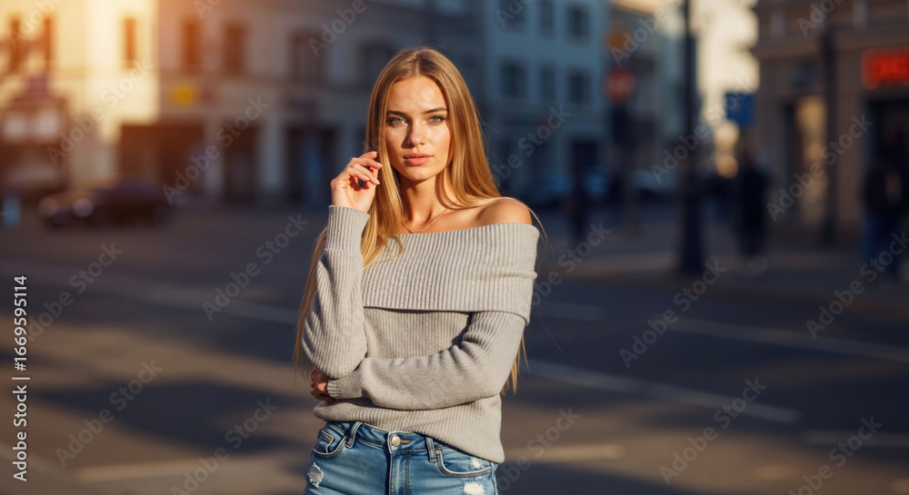 Fototapeta premium Blonde woman in beige off-shoulder ribbed sweater touching hair on urban street with golden sunlight. Casual knitwear and autumn fashion campaigns