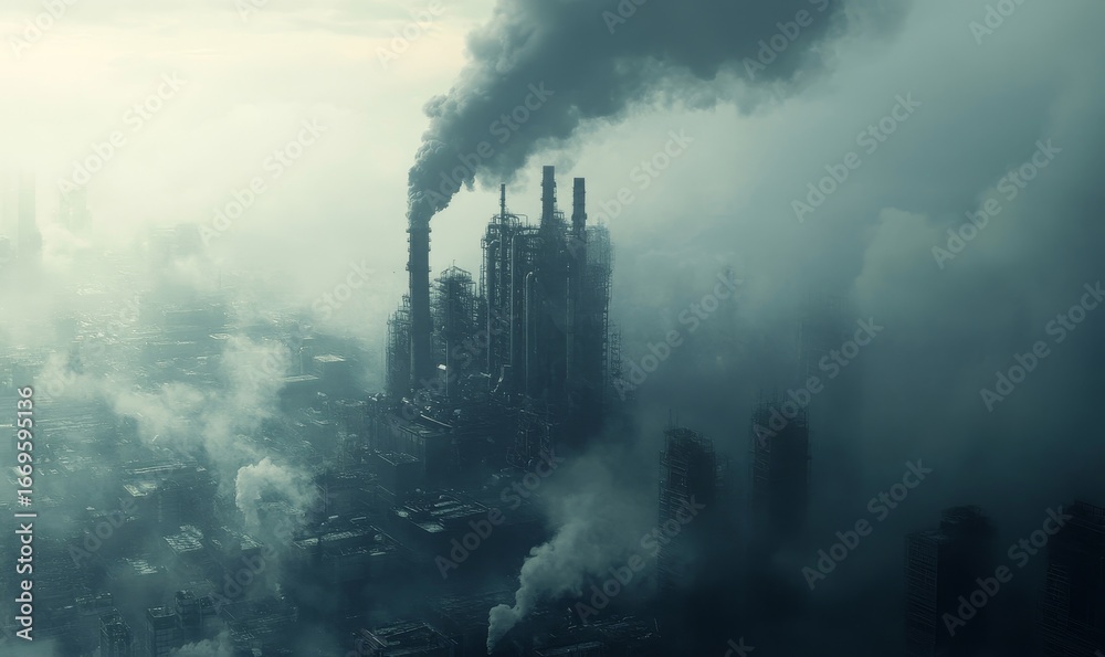 Fototapeta premium Concept of carbon emissions, shown by smoke billowing from factory chimneys, sinking into smog. This visual emphasizes the environmental consequences of industrial pollution, Generative AI