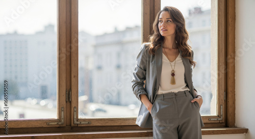 Professional woman in gray blazer with tassel necklace standing by office window with city view. Business attire and corporate leadership campaigns Free Download Professional woman in gray blazer with tassel necklace standing by office window with city view. Business attire and corporate leadership campaigns - GFXLoad