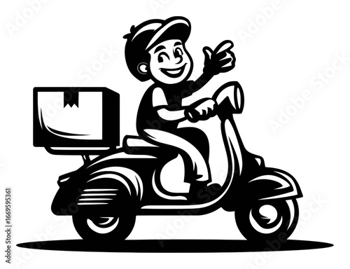 Cheerful Delivery Rider Making a Gesture on a Vintage Scooter
