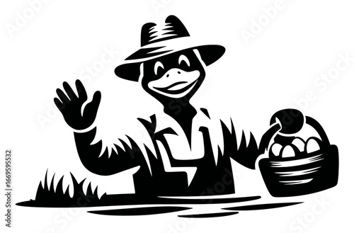 Farmer Duck with Basket of Eggs in a Rural Landscape Illustration