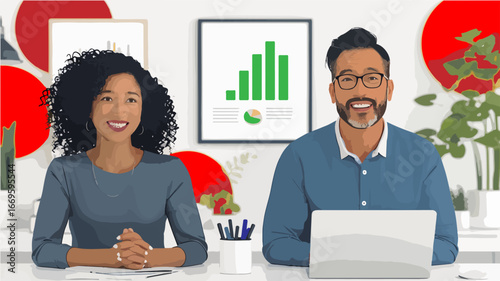 Stylized, editable SVG of professionals collaborating in a business setting. Perfect for designers, app developers, and educators. Ideal for web, print, UI/UX, and learning materials.
