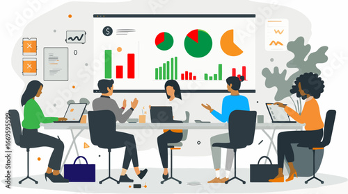 Modern vector illustration of a diverse business team in discussion. Fully editable SVG, perfect for web, presentations, apps, and print media. Ideal for business and creative projects.