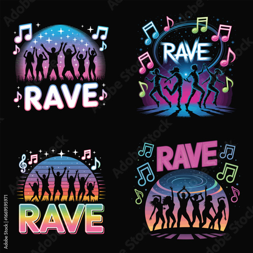 Dancing silhouettes with music notes and colorful backgrounds