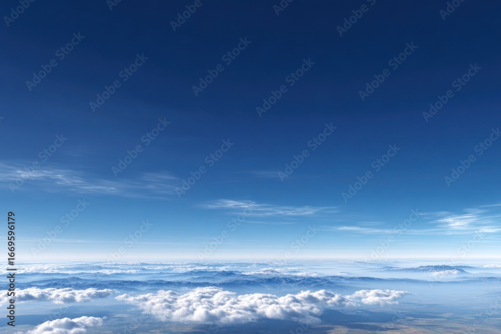 Obraz premium Vast blue sky over a layer of puffy white clouds, obscuring mountain peaks below. Horizon with sun glare