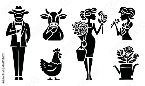 Vintage Farm-themed Illustrations Featuring Characters and Flowers