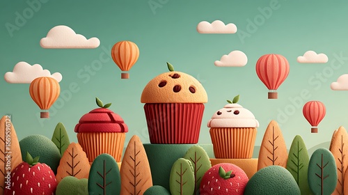 Whimsical Cupcake Landscape: 3D Render of Sweet Treats and Hot Air Balloons