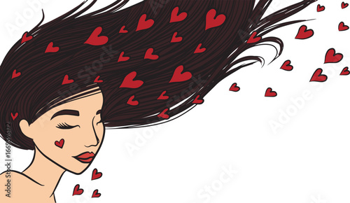 Girl with flowing hair. Her eyes are closed. Hearts flying out of head, soul. Happy, enjoying, relaxing, pacified woman. Love in the air