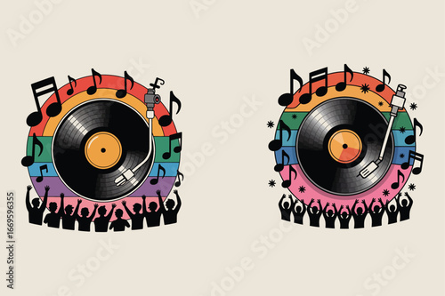 Vinyl record playing with rainbow colors and cheering crowd