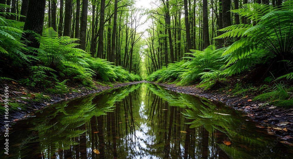 Obraz premium Serene forest pathway with reflecting water and lush greenery