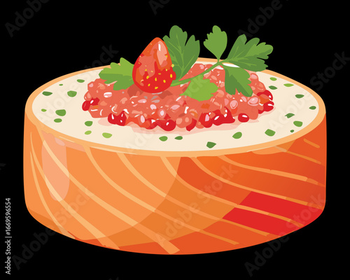 Raw Salmon Tartare with Strawberry and Avocado, Delicately Plated and Ready for a Refined Appetizer - Vector Illustration