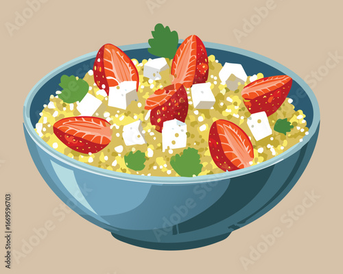 Hearty Quinoa Salad with Fresh Strawberries, Feta Cheese, and Green Herbs in a Blue Bowl, Perfect for Lunch - Vector Illustration