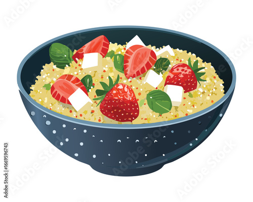 Nutritious Quinoa Salad with Sliced Strawberries, Feta Cheese, and Fresh Herbs in a Blue Bowl, Wholesome Meal - Vector Illustration