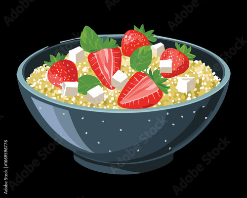 Savory Quinoa Salad with Fresh Strawberries, Crumbled Feta, and Chopped Parsley in a Dark Bowl, Healthy Eating - Vector Illustration