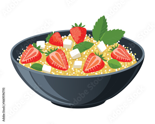 Refreshing Quinoa Salad with Strawberries, Feta Cheese, and Fresh Herbs in a Dark Blue Bowl, a Light Summer Meal - Vector Illustration