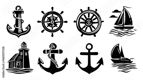 Nautical Icons Set Featuring Anchor, Wheel, Sailboat, and Lighthouse