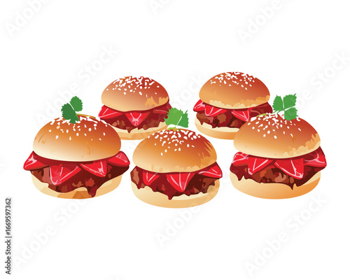 A group of small cheeseburgers with strawberries - Vector Illustration