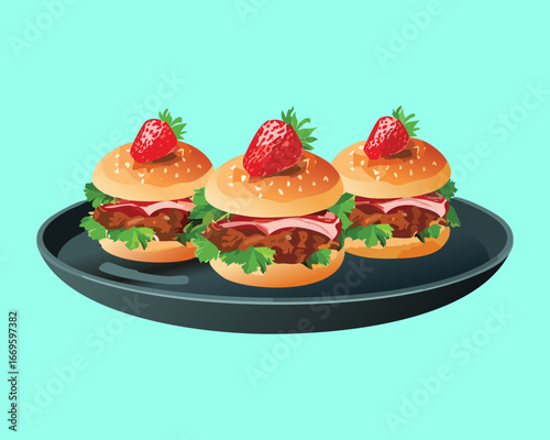 Group of gourmet mini burgers with fresh strawberries - Vector Illustration
