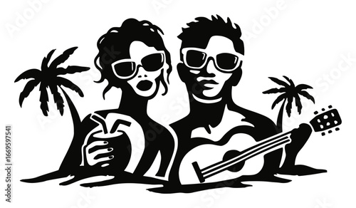 Relaxing Couple in Sunglasses Enjoying Tropical Vacation with Guitar