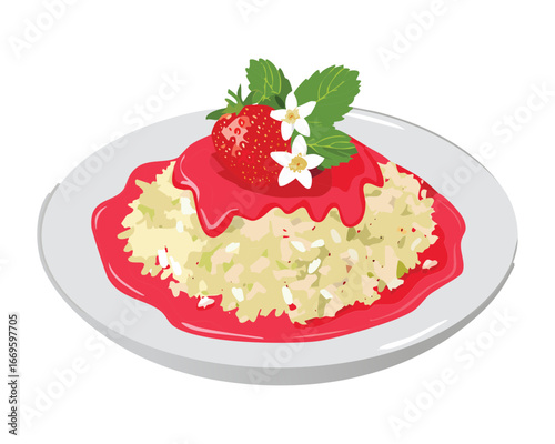 Sweet and Tangy Strawberry Risotto with Creamy Cheese and Green Garnish, A Vibrant and Whimsical Dish - Vector Illustration