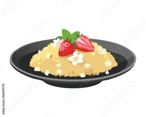 Delectable White Risotto Topped with a Sweet Strawberry Sauce and Fresh Mint Sprigs, A Culinary Masterpiece - Vector Illustration