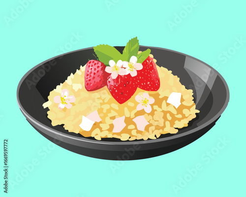 Creamy Yellow Risotto with Fresh Strawberry Slices and a Sprig of Mint, Served in a Black Bowl - Vector Illustration
