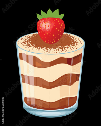 Delicious tiramisu dessert with chocolate and coffee layers topped with fresh strawberries in a glass - Vector Illustration