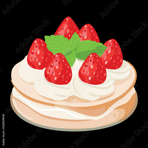 A stack of fluffy pancakes with fresh strawberries and sweet creamy topping on a white plate - Vector Illustration