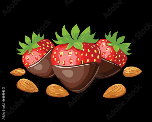  A pile of delicious chocolate-dipped strawberries and whole almonds, perfect for a sweet gourmet treat - Vector Illustration