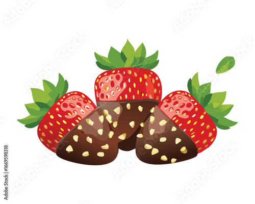 Fresh strawberries dipped in milk and dark chocolate with sprinkles, a delightful gourmet dessert - Vector Illustration