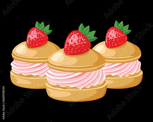 Tasty cream puffs with sweet cream and sliced strawberries on top, a delightful and delicious dessert - Vector Illustration