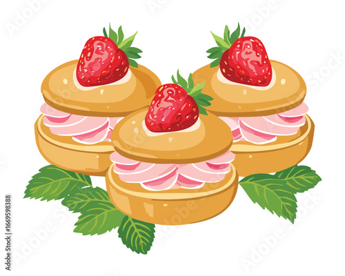Stack of delicious choux pastry buns filled with creamy filling and topped with fresh sliced strawberries - Vector Illustration