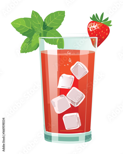 Sweet and refreshing iced strawberry tea with mint leaves and a straw, an ideal beverage for any time - Vector Illustration