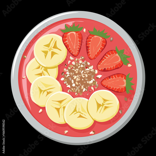 Hearty breakfast bowl filled with warm oatmeal, fresh strawberries, banana slices, and crunchy seeds - Vector Illustration