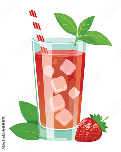 Refreshing iced strawberry lemonade in a tall glass with mint leaves, perfect for a hot summer day - Vector Illustration